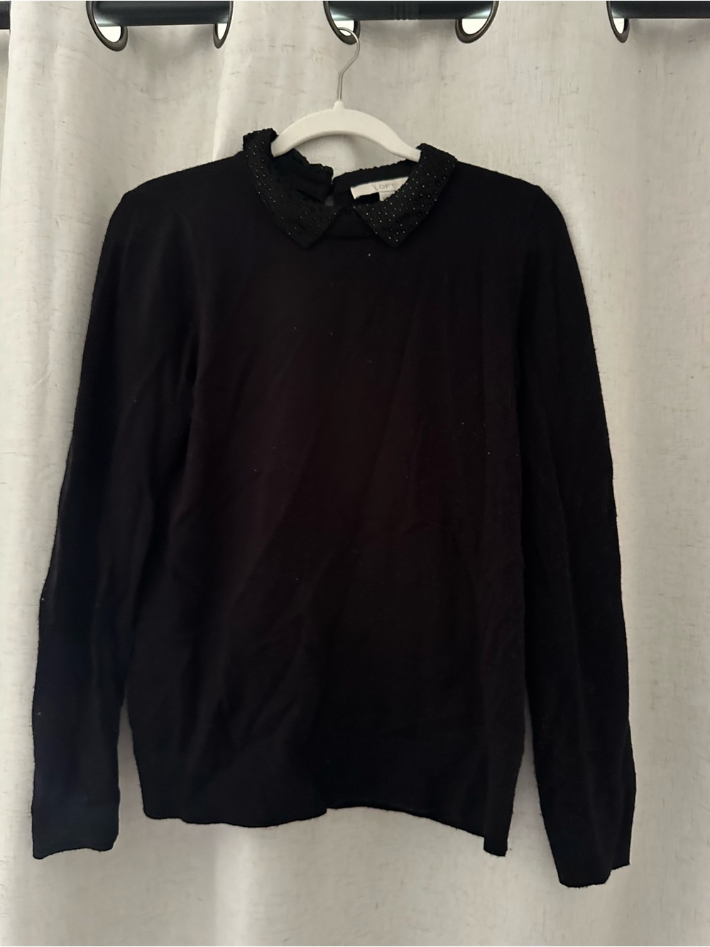 LOFT Black Crewneck Sweater with Beaded Collar
